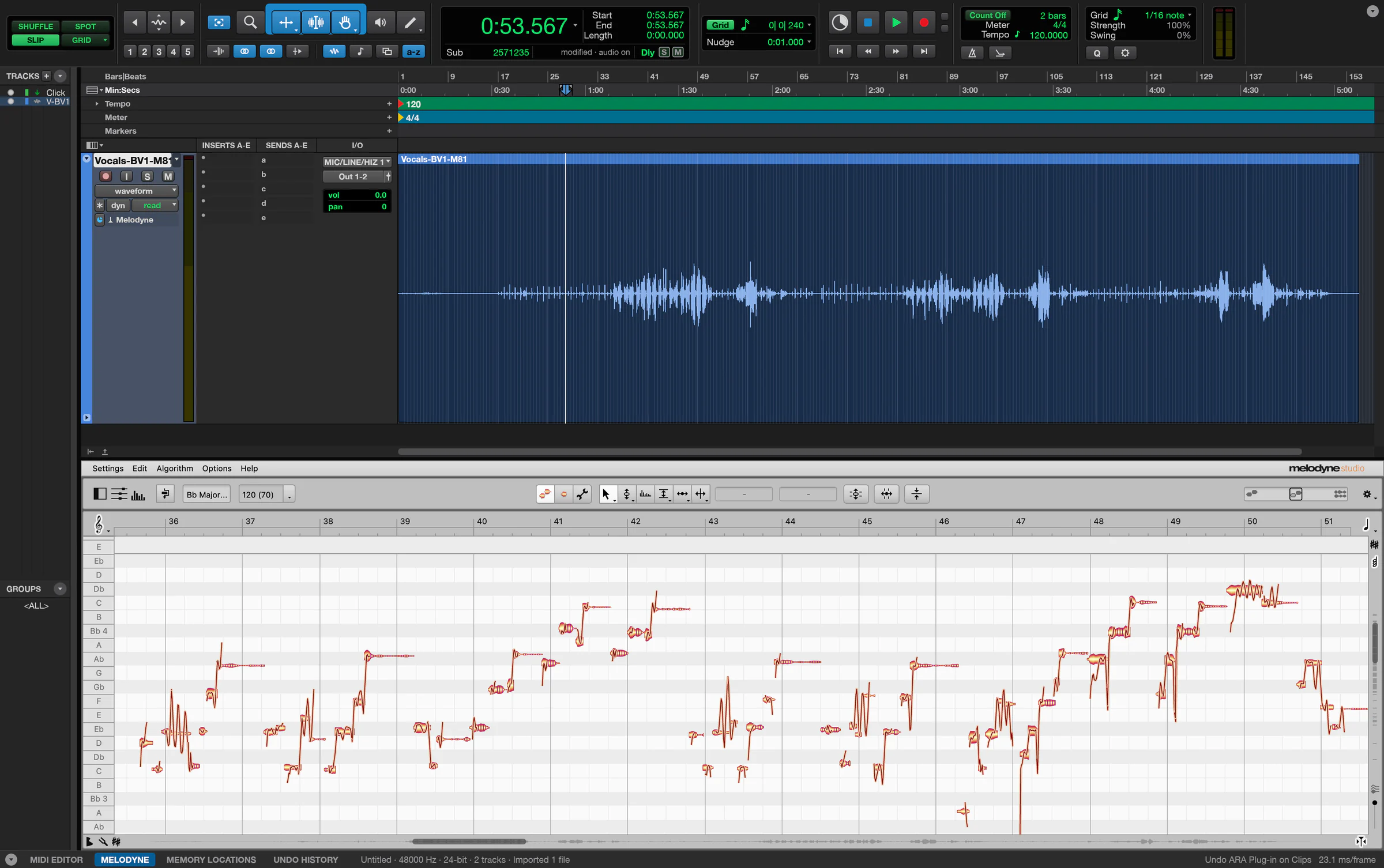 Melodyne Studio docked at the bottom of the Edit window, under the vocal track it is on, showing the vocal's notes